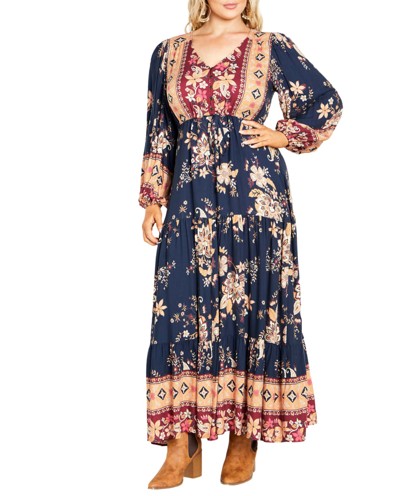 Front of a model wearing a size 18 MAXI ELLERY in Fantasy Brown by avenue. | dia_product_style_image_id:318012